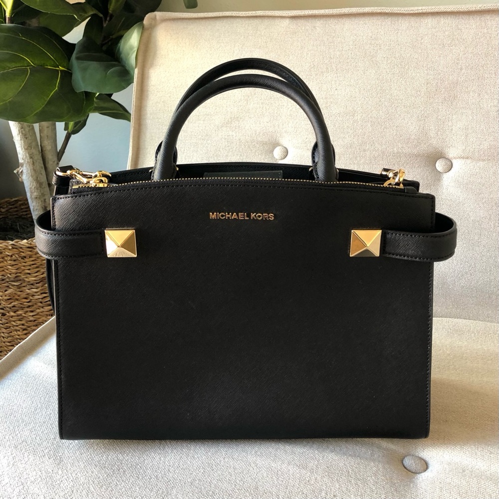 Michael Kors Black Satchel Purse with gold detail